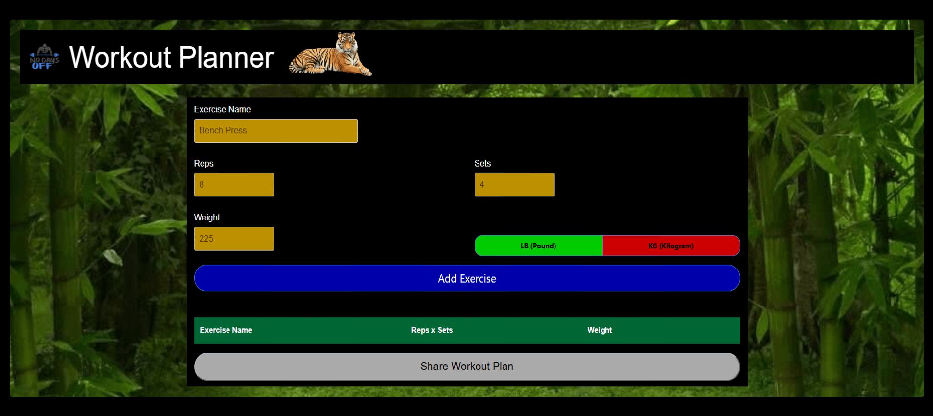 Fit Tigers Workout Planner Section