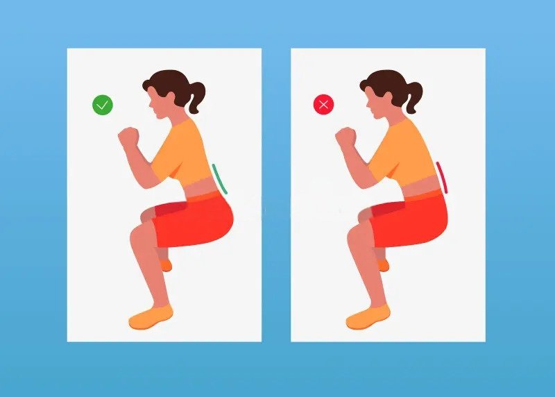 An illustration demonstrating correct squat form versus incorrect form, highlighting proper technique.