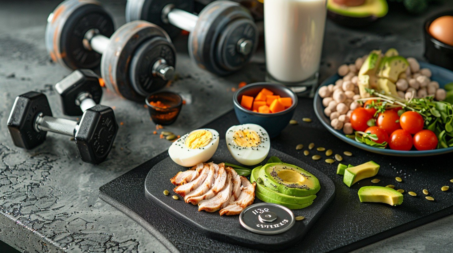 A vibrant, balanced post-workout meal laid out with fresh ingredients, symbolizing healthy recovery.