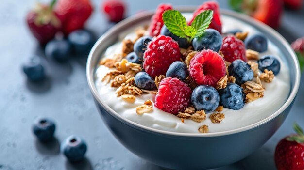 A bowl of Greek yogurt topped with fresh berries and a drizzle of honey, emphasizing healthy and quick post-workout nutrition.