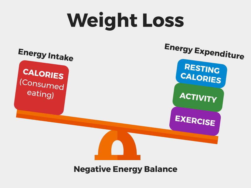 Infographic showing energy in vs. energy out, representing a calorie deficit for fat loss.